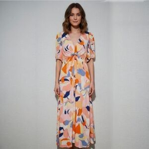 White Closet Elements Colorful Twist Front Puff Sleeve V-Neck Boho Maxi Dress L